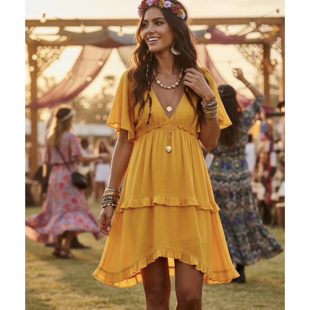 Umgee Boho Yellow Babydoll Dress Festival Hippie Flowy Ruffle Size S NWT
